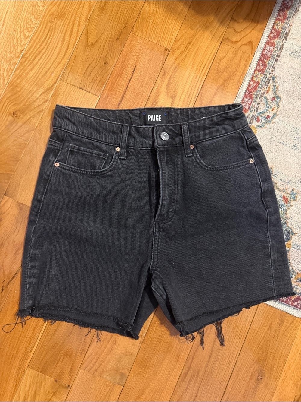 PAIGE Black High-Rise Frayed Hem Denim Shorts